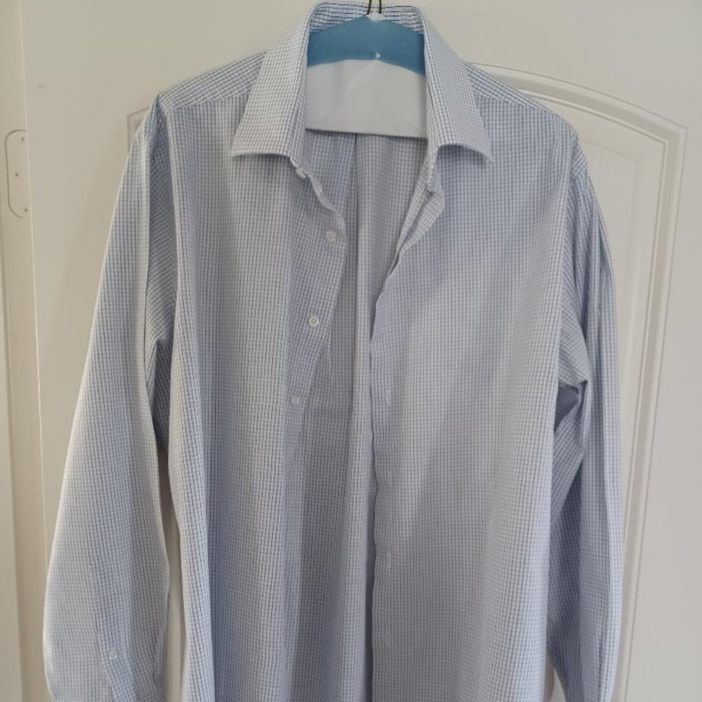 Thomas Stone Long-Sleeve Dress Shirt, Blue Checker Pattern, Size: Large (L)